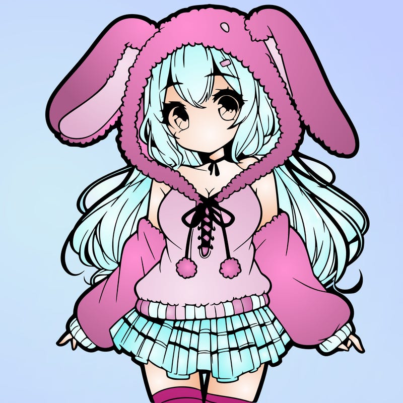 pretty anime girl wearing a fluffy hoodie with bunny ears on the hood and a skirt