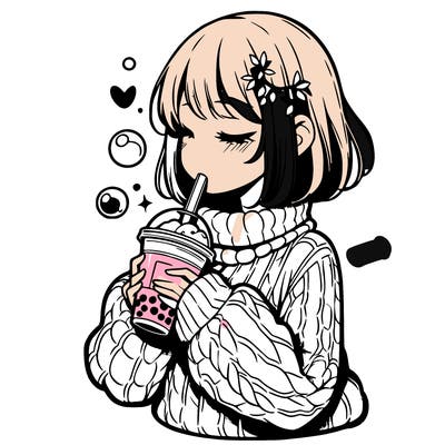 manga girl drinking boba in cozy sweater