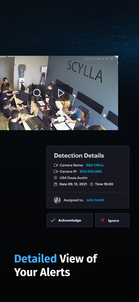 Scylla AI - Scylla AI app interface showing a security detection alert with office video feed and detailed location data.