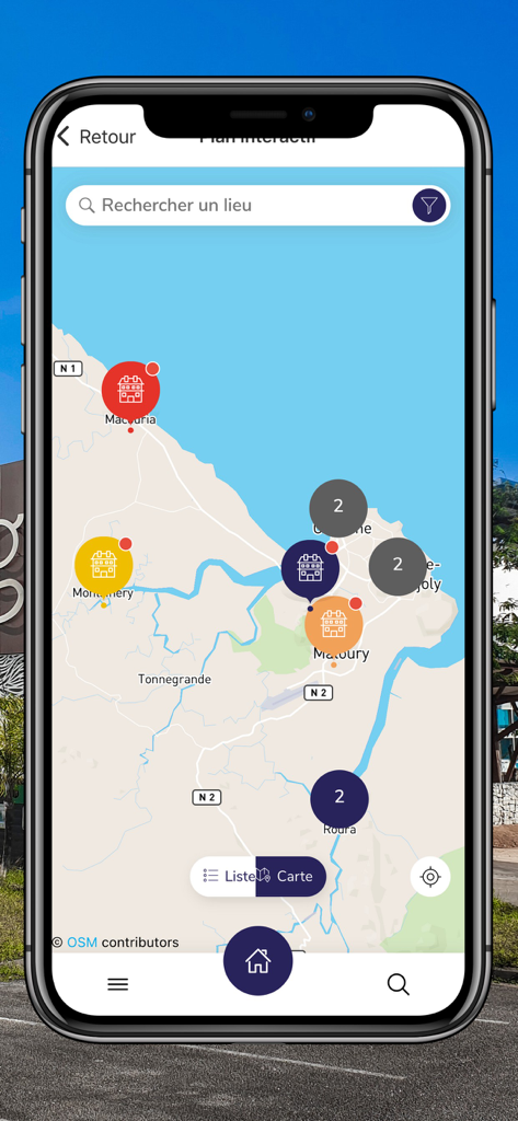 CACL 6-en-1 - Interfaz de mapa de ciudad interactivo en la aplicación móvil CACL 6-en-1 mostrando ubicaciones de servicios en la Guayana Francesa
