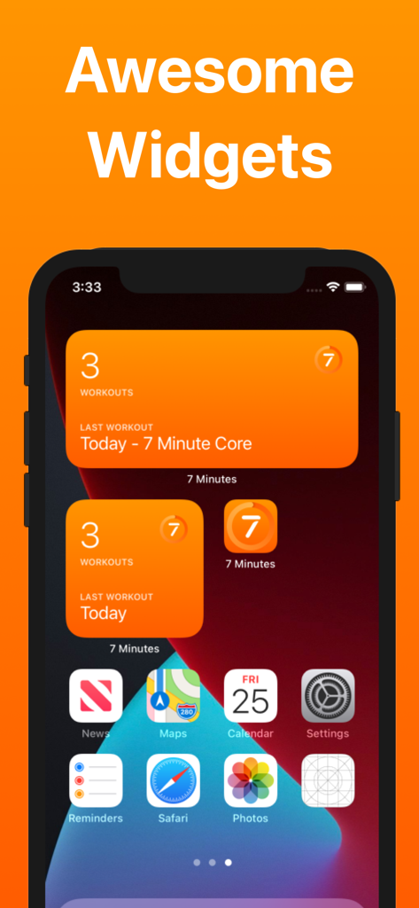 An iPhone home screen featuring orange widgets for the 7 Minute Workout app showing recent workout activity and progress