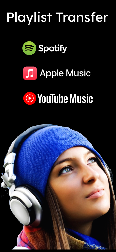 Music transfer & stats: Swapy - Interfaz que muestra la transferencia de playlists entre Spotify, Apple Music y YouTube Music con una mujer con auriculares