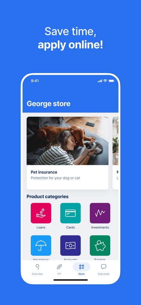 Interface de la boutique de l'application bancaire George affichant l'assurance pour animaux de compagnie et des catégories de produits financiers comme les prêts et les investissements