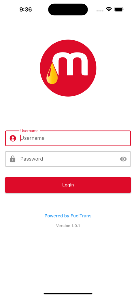 Meru Fleet Solutions - Pantalla de inicio de sesión de la aplicación Meru Fleet Solutions con campos de entrada para nombre de usuario y contraseña
