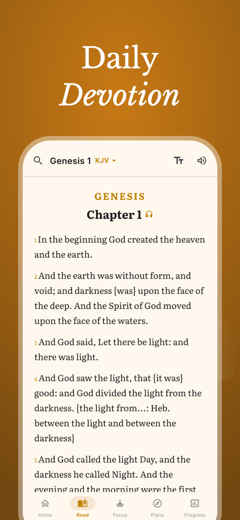 Holy Bible & Daily Verse - The Daily Devotion screen of the Holy Bible app displaying Genesis Chapter 1 in a minimalist reader interface.