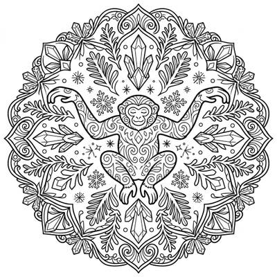 Discover the serene beauty of a gibbon amidst a frosted winter wonderland with this intricate mandala coloring page. Perfect for adults and teens, this design combines the charm of nature with soothing symmetrical patterns for a delightful coloring experience.