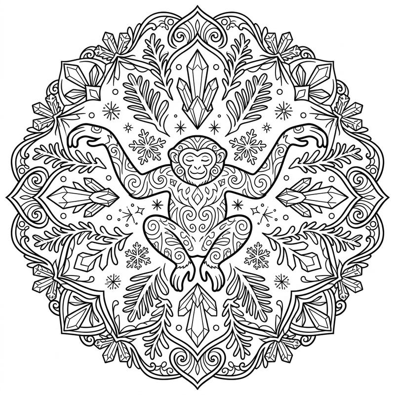 Discover the serene beauty of a gibbon amidst a frosted winter wonderland with this intricate mandala coloring page. Perfect for adults and teens, this design combines the charm of nature with soothing symmetrical patterns for a delightful coloring experience.