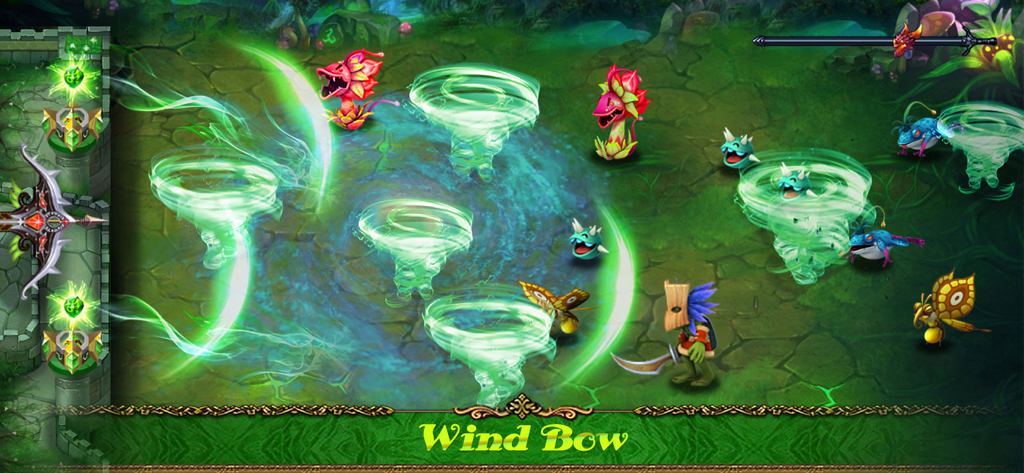 Defender III - Gameplay screenshot of Defender III showing wind bow magic with green tornadoes