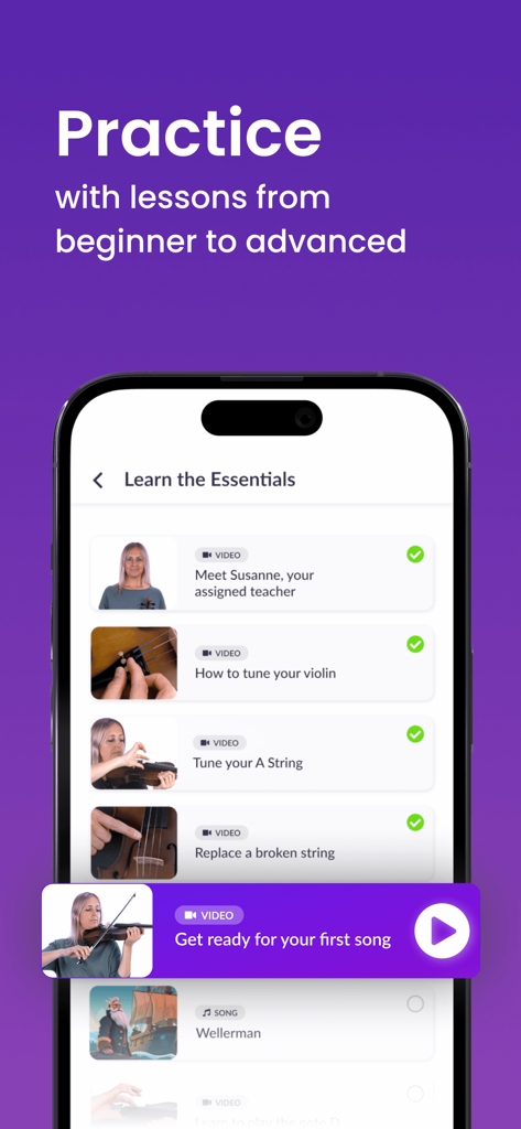 A list of beginner violin video lessons including tuning and string replacement in the tonestro app.