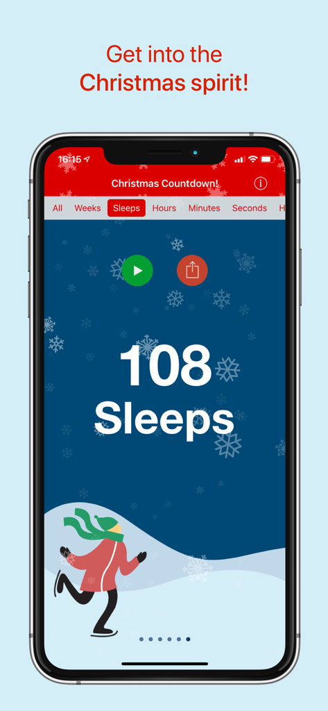 Christmas countdown app showing 108 sleeps until Christmas with an ice skater character