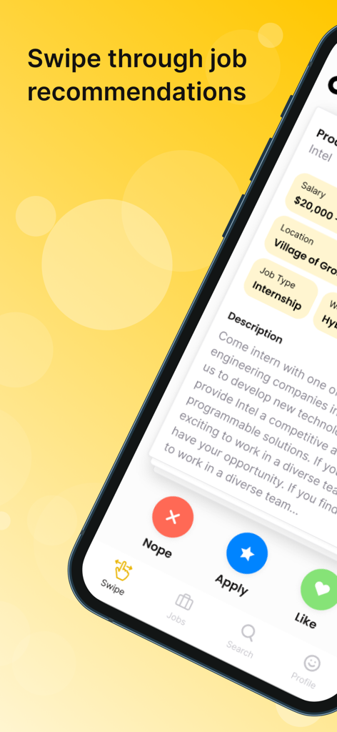 A smartphone screen showing the Obra app with a job recommendation card and buttons to swipe left to reject or swipe right to apply for an internship.