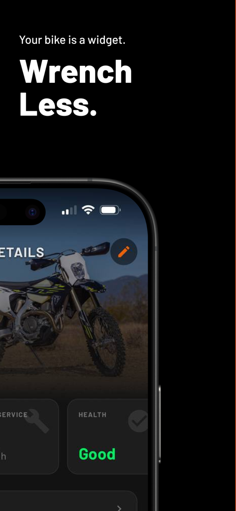 DirtTime bike maintenance app interface showing dirt bike health status and service details