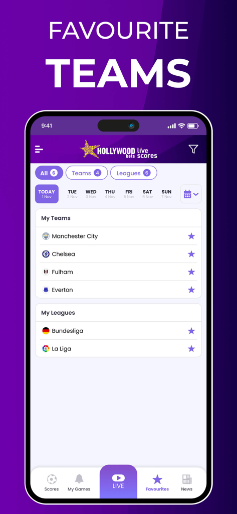 Hollywoodbets Live Scores app interface showing a list of favorite soccer teams and leagues