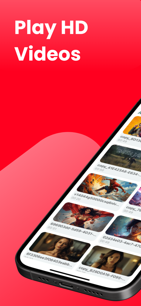 A smartphone screen displaying the Tubidy FM app with a grid of video thumbnails and the text Play HD Videos on a vibrant red background