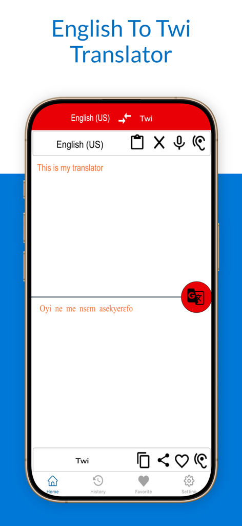 English To Twi Translator - Interfaz de smartphone de la aplicación Traductor de Inglés a Twi mostrando una traducción de texto