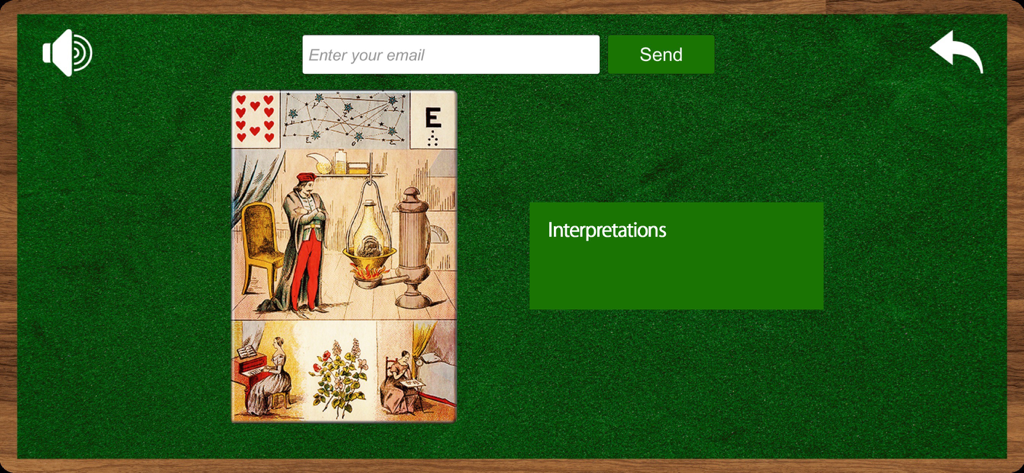 Interfaz que muestra una carta detallada del Grand Jeu de Mlle Lenormand con un botón de interpretaciones sobre un fondo de fieltro verde.
