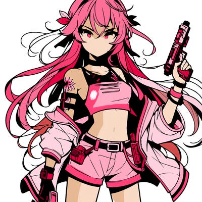 bad girl wearing crop top holding a gun long hair anime