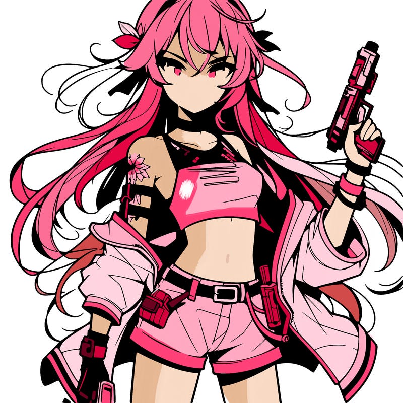 bad girl wearing crop top holding a gun long hair anime