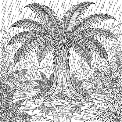 Immerse yourself in the serene beauty of a rain-kissed forest with this intricate tree fern coloring page. Capture the essence of a tranquil rainy day by bringing this lush tropical scene to life with your colors.