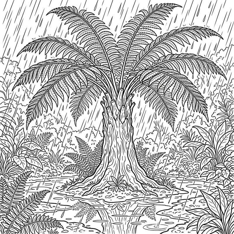 Immerse yourself in the serene beauty of a rain-kissed forest with this intricate tree fern coloring page. Capture the essence of a tranquil rainy day by bringing this lush tropical scene to life with your colors.