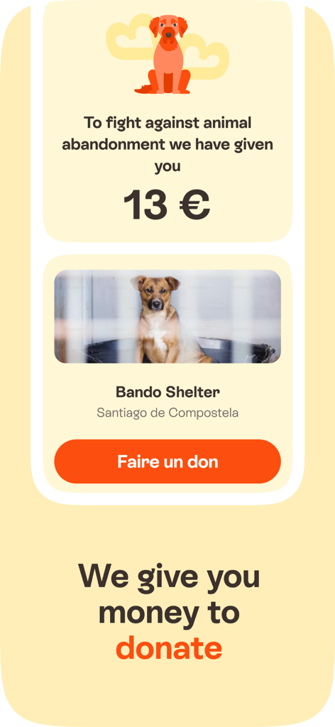 Barkibu App-Oberfläche, die eine Spendenfunktion zur Unterstützung von Tierheimen und zur Bekämpfung von Aussetzung zeigt.