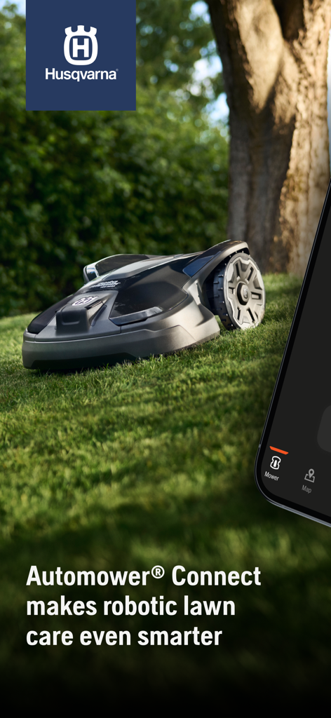 Husqvarna Mähroboter auf einem grünen Rasen mit der mobilen Automower Connect App-Oberfläche