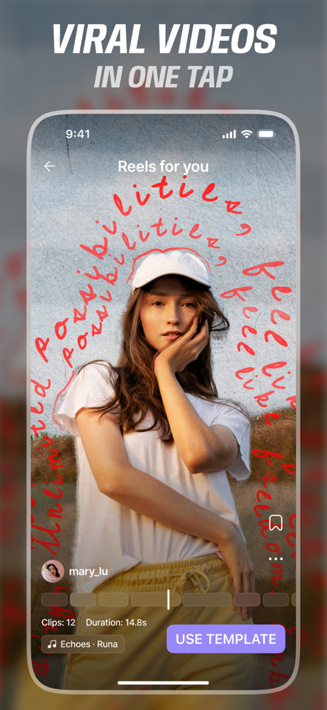 Vistory: Reels Video Editor - Vistory app interface showing a trendy video template for Instagram Reels with one-tap editing