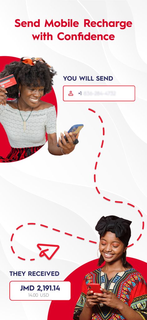 Digicel International - Interface showing a mobile recharge being sent from the US and received as Jamaican Dollars using the Digicel app