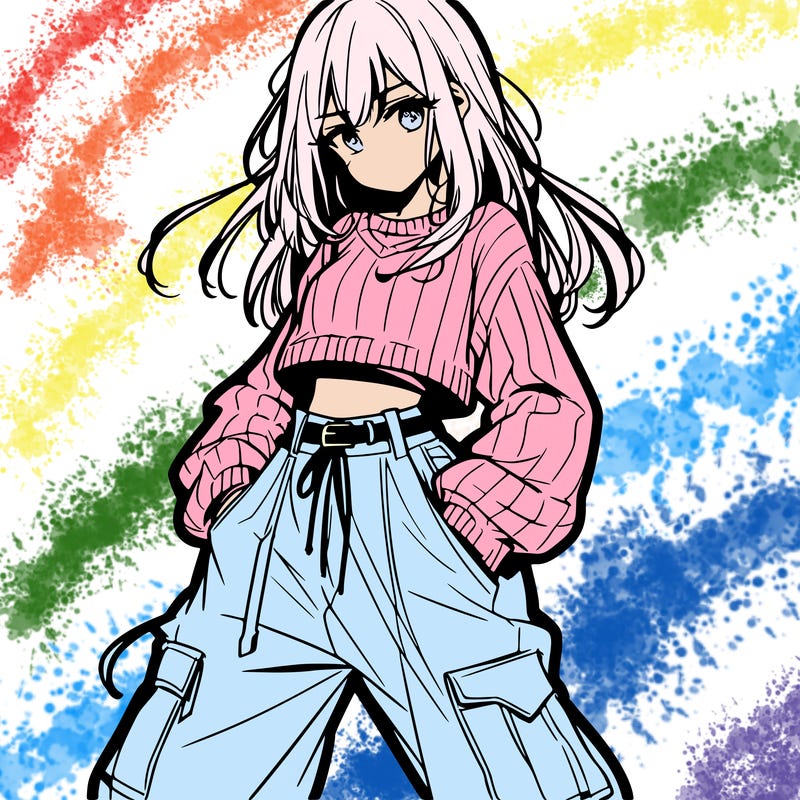 anime teen girl with baggy pants and crop top with sweater