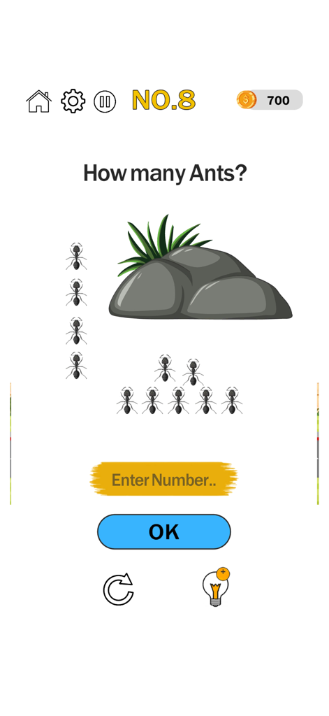 A tricky puzzle level from Brain Test asking how many ants are shown near a rock with grass