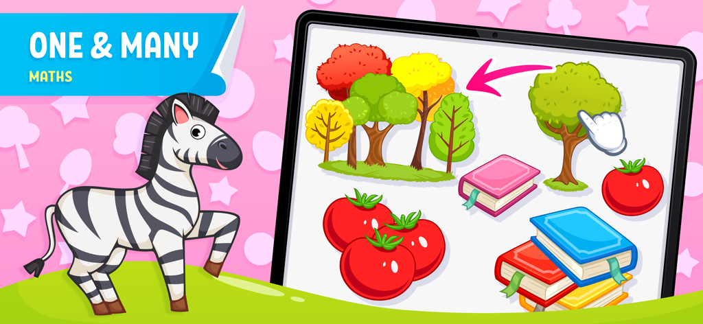 Preschool math game screen showing one and many sorting exercise with a zebra mascot