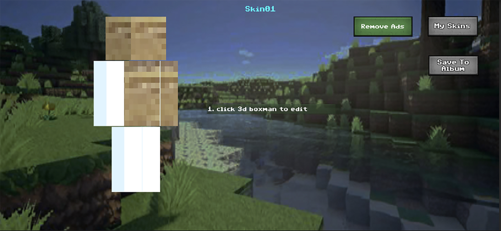 Interface de l'application de création de skins Minecraft montrant un aperçu de skin de personnage et des options d'édition