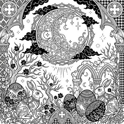 Explore a captivating blend of celestial wonder and gothic charm with our Supermoon Easter coloring page. This intricate design features elegant bunnies, ornate eggs, and a mystical supermoon within a dark, enchanted setting.