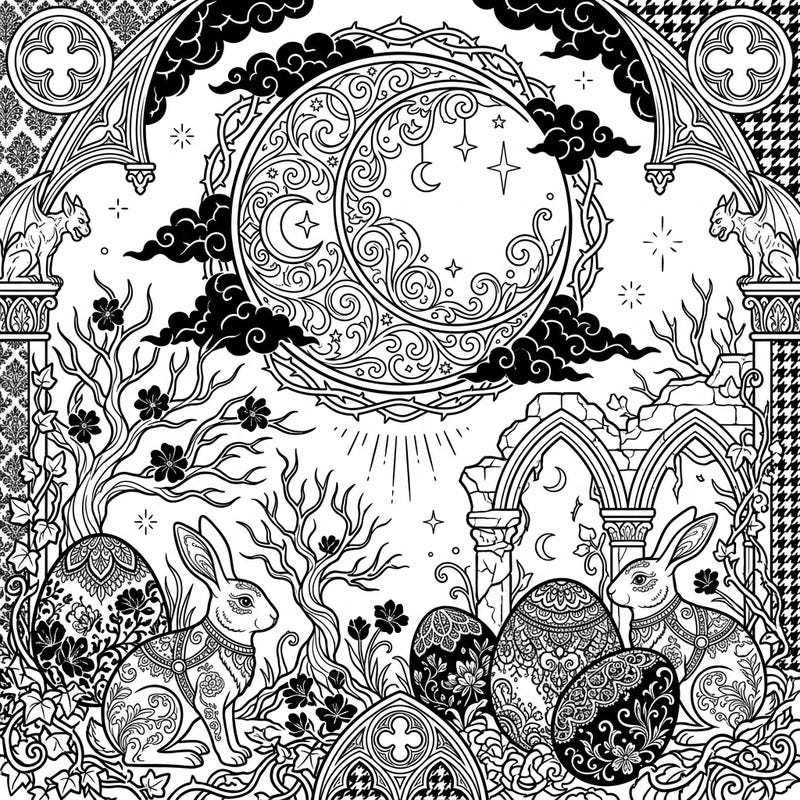 Explore a captivating blend of celestial wonder and gothic charm with our Supermoon Easter coloring page. This intricate design features elegant bunnies, ornate eggs, and a mystical supermoon within a dark, enchanted setting.