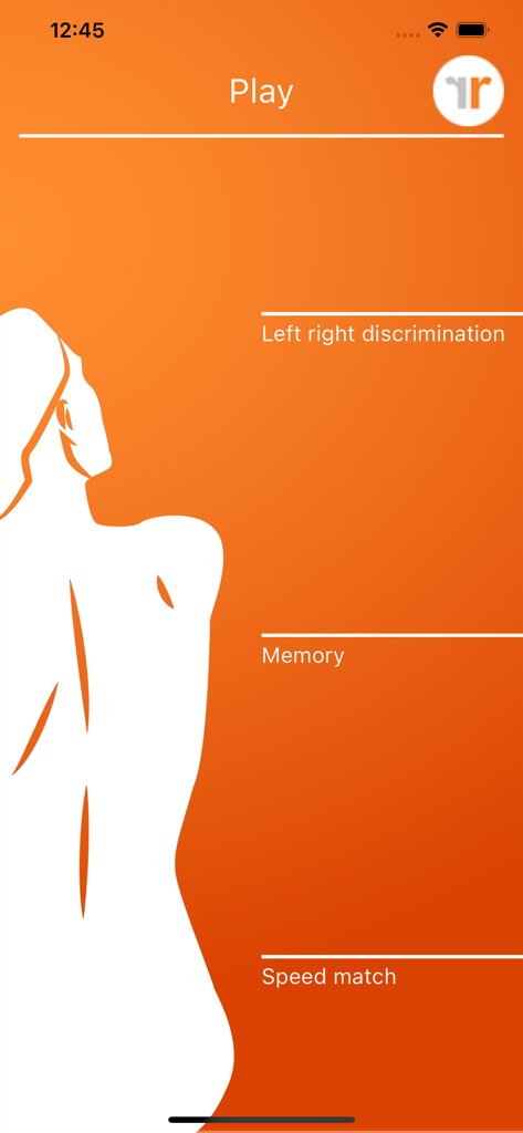 Recognise Back app play screen showing training options for left right discrimination and speed match