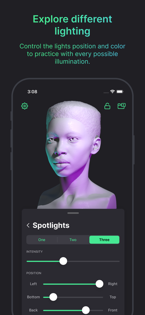 Head Model Studio - Art Study - 3D head model with adjustable studio lighting and spotlight controls in Head Model Studio app