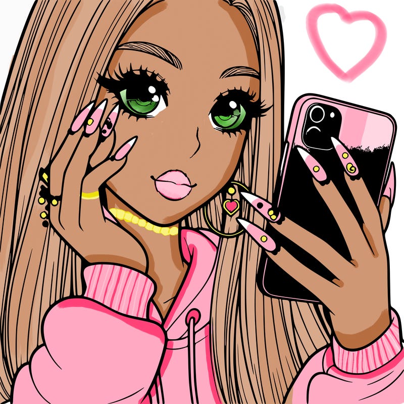a girl with nails holding a phone realistic