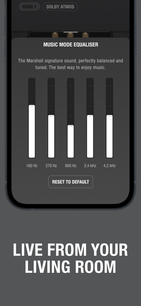 Marshall app music mode equalizer interface showing adjustable frequency sliders for personalized sound settings
