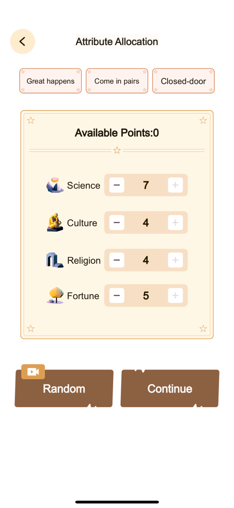 Civilization Simulator - Attribute allocation screen in Civilization Simulator showing points for Science, Culture, Religion, and Fortune.