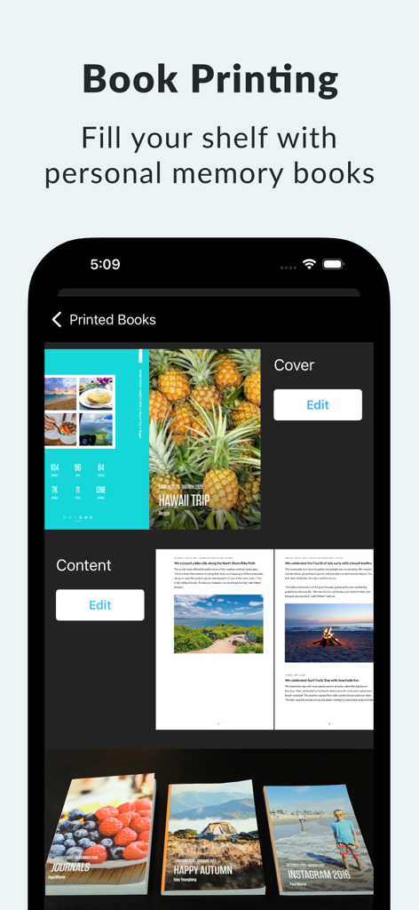 Day One: Daily Journal & Diary - Day One app interface showing the book printing feature to create physical memory books from digital journal entries.