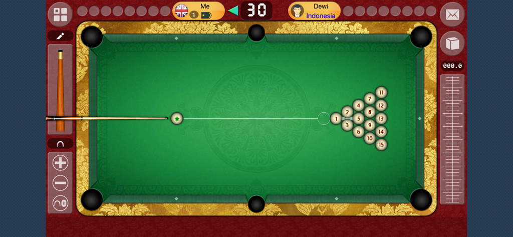 Top-down view of a green billiards table with racked balls and aiming cue in Billiards 2k