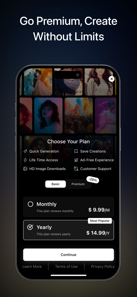 AI Video Maker - ChromaStudio - Premium subscription screen for ChromaStudio AI Video Maker showing monthly and yearly plan options