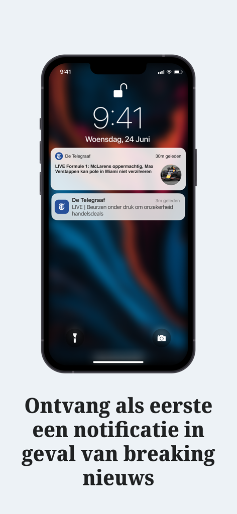 Pantalla de bloqueo de un iPhone mostrando notificaciones push de última hora de la aplicación De Telegraaf sobre deportes y finanzas.