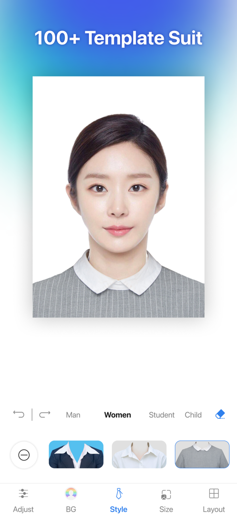 Passport Photo Maker・ID Photo - Interface showing a woman selecting professional suit templates for her passport photo