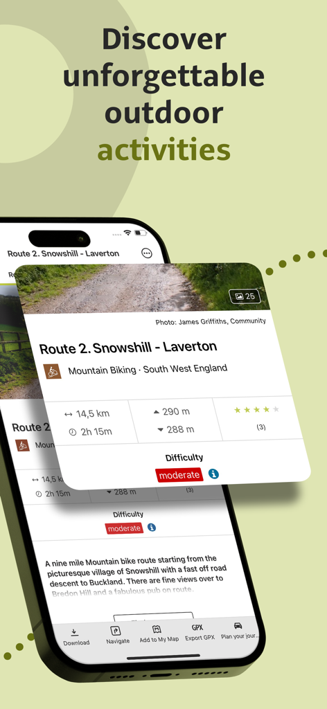 Outdooractive - Interface do aplicativo Outdooractive mostrando detalhes da rota de mountain bike, incluindo distância, duração, elevação e nível de dificuldade.
