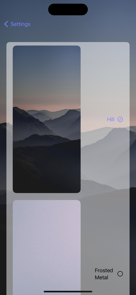 Altimeter GPS Barometer - Customization menu in the Altimeter GPS Barometer app displaying theme options like Hill and Frosted Metal