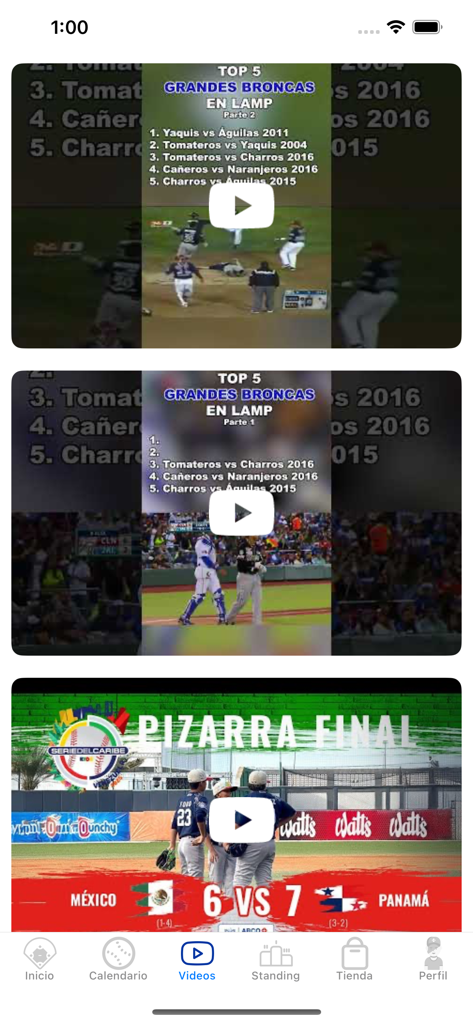 LAMP mx - Videos section of the LAMP mx app showing baseball highlights and final scores from the Mexican Pacific League