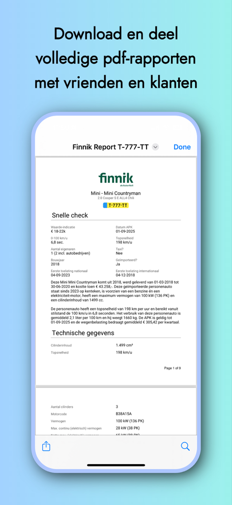 Finnik iKenteken app displaying a detailed Dutch vehicle history PDF report with technical specifications
