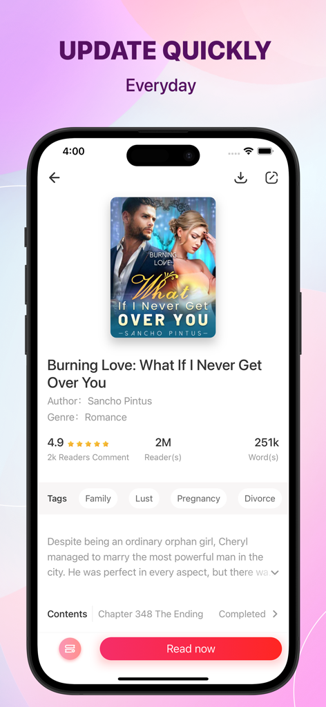 Amolivro: Audiobook & Story - Amolivro app screen displaying the profile of a romance novel titled Burning Love with reader ratings and a read now button.