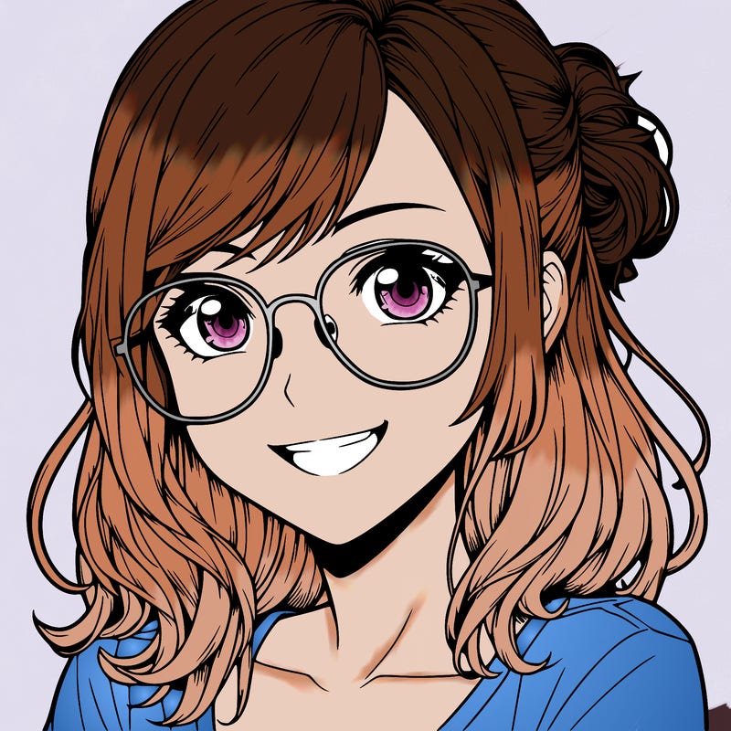 realistic girl with glasses smiling, eyes open